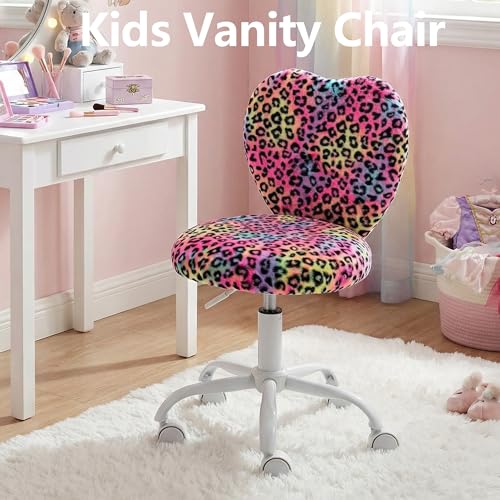 Image of Kmax Kids Reading Chair, Rolling Cute Desk Chair for Girls Swivel Office Chair with Wheels & Heart Back Adjustable Childrens Vanity Chair for Bedroom Reading Room - Faux Fur, Leopard