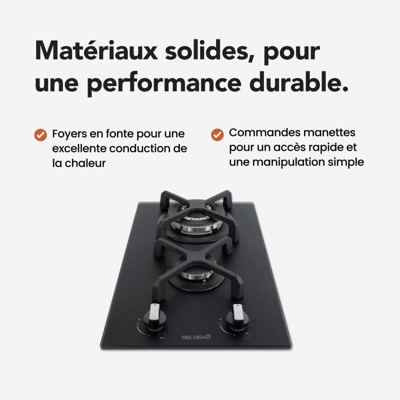 BELDEKO Plaque Gaz 2 Feux 5200W Noir Mat Grilles Fonte - Marque Française