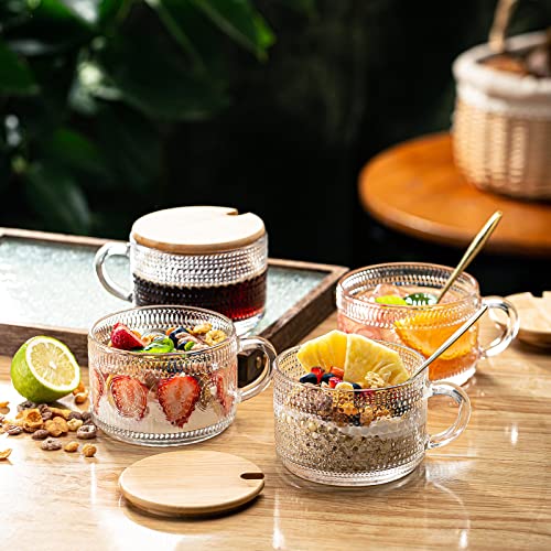 Wookgreat Vintage Coffee Mugs Set Of 4, Overnight Oats Containers With Bamboo Lids And Spoons - 14Oz Clear Embossed Glass Cups, Cute Coffee Bar Accessories, Ideal For Cappuccino, Tea, Latte, Cereal #TOP4
