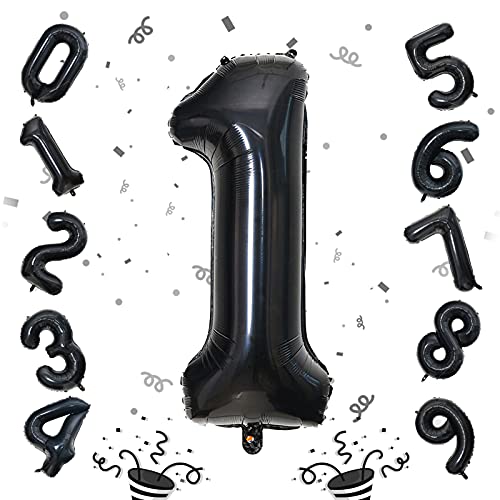 Unisun Ballons gonflables noirs en aluminium de 102 cm, grands ballons numériques 1 pour fournitures de décoration de fête d'anniversaire, anniversaire,...