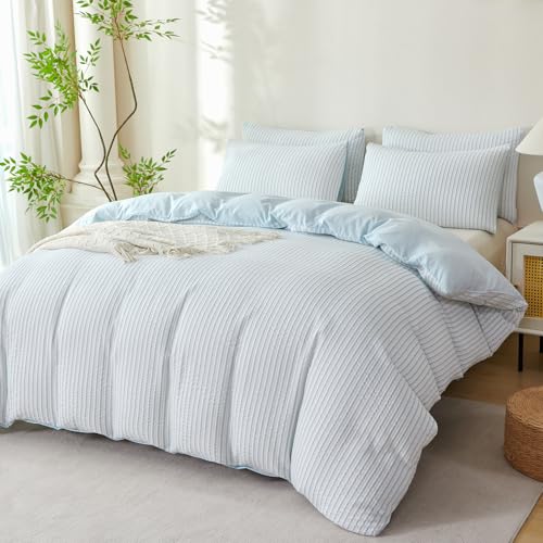 Image of Cornflower Blue Striped Comforter Set Queen - 3 Pieces Bedding Comforter Set for All Season, Soft Lightweight Washed Microfiber, 1 Striped Comforter and 2 Pillowcases (Blue, Queen Size)