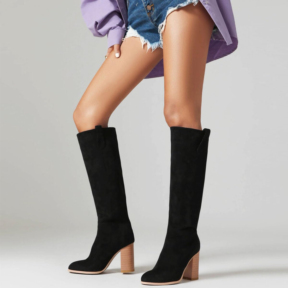 Stivali Alti da Sera Donna Tacco Alto Blocco Camoscio Stile Chic