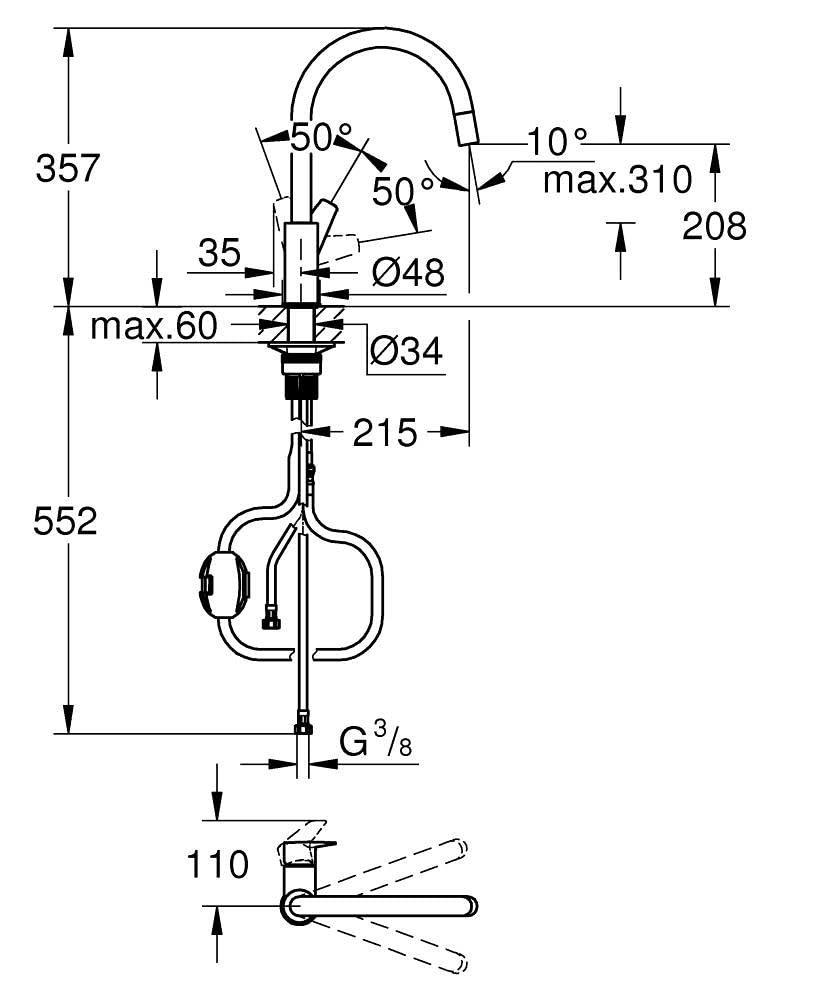 GROHE Start Edge- Grifo cocina (caño alto extraíble, forma C, giro 360º, instalación QuickFix, limitador caudal ecológico), cromo, 30550000