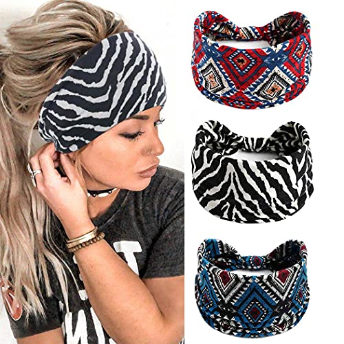 Yean Boho Wide Headband Stripe Knoted Turban Black Stretch Hair Bands Yoga Head Accessories for Women and Girls(Pack of 3)