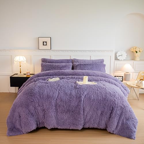 chovy Faux Fur Plush Purple Comforter Sets Queen - Ultra Soft Shaggy Flannel Velvet Fluffy Fuzzy 3PC Bedding Set （Comforter x 1 Pillowcases x 2）