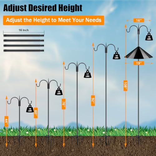 Image of FEED GARDEN Heavy Duty Shepherds Hook Squirrel-Proof Bird Feeder Pole 108 inch Double Hooks 5-Prong Base & 19 inch Baffle for Outdoor Feeders & Plants