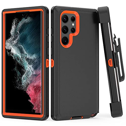 TASHHAR Phone Case for Samsung Galaxy S22 Ultra, Heavy Duty Hard Shockproof Armor Protector Case Cover with Belt Clip Holster for Samsung S22 Ultra 5G 6.8-inch (Black+ Orange)