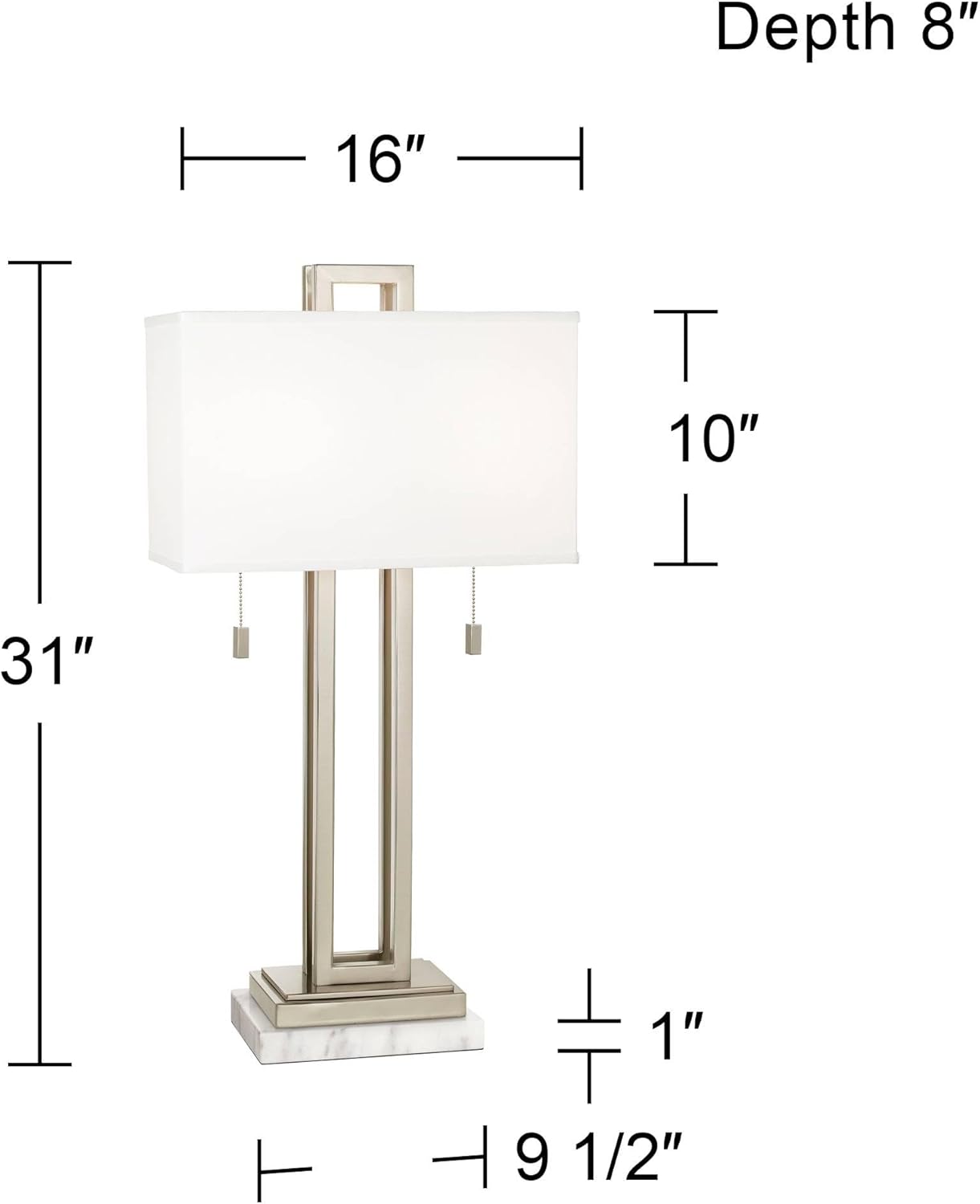 Possini Euro Design Modern Table Lamp with White Marble Riser 30" Tall Brushed Nickel Silver Metal Fabric Rectangular Box Shade Decor for Bedroom Living Bedside Nightstand Home Office Kids Room