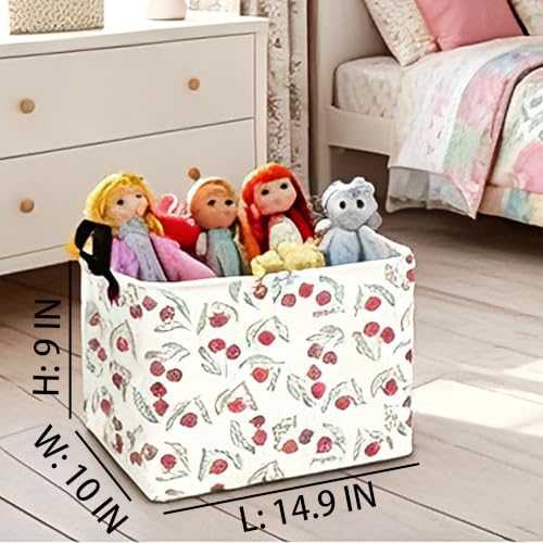 Image of Large Baby Cherry Basket Collapsible Kids Toy Storage Bin Gift Box Nursery Room Decor (Blue Leaf Circle Dot Cherry)