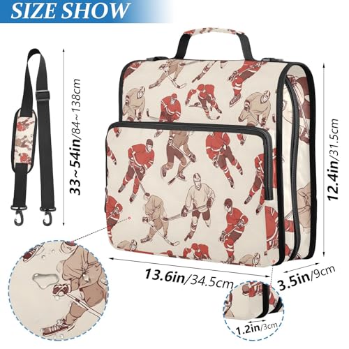 Image of 3 Ring Zipper Binder with Shoulder Strap Hockey Players Vintage Sport Ball 1.5 inch Binders Keeper Large Capacity Multi Pockets for School Office Supplies