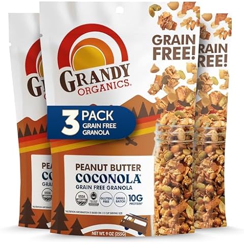Grandy Organics Peanut Butter Coconola Granola, Certified Organic, Gluten Free, Grain Free, Peanut Butter Granola, 9oz Each, Pack of 3 Cover