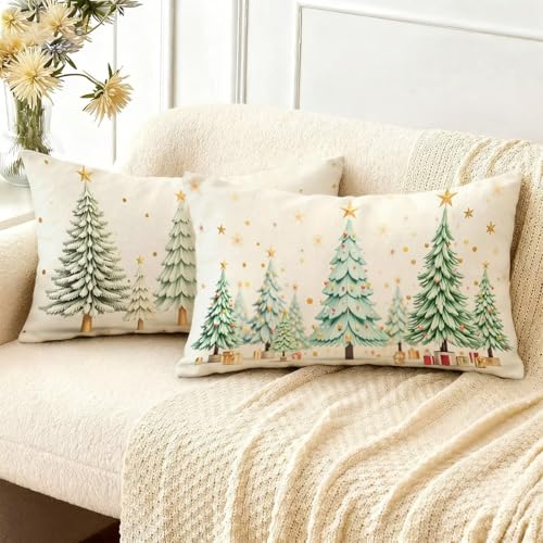 Housse coussin 40x80cm Noël en lin blanc imperméable anti tache G670
