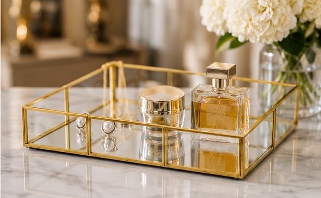 Image of Rectangle Glass Tray with Gold Rim and Mirror Base Vanity Table Decoration [10 x 7 x1.5 inches]