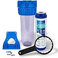 10" Clear Standard Transparent Whole House Water Filter System with Presser Relief Button, 3/4” Inlet/Outlet Brass Port Granular Activated Carbon Cartridge, Meets NSF Standards & Regulations