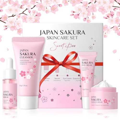 BeauBase Sakura - Juego de cuidado facial (4 unidades, tamaño de viaje, cuidado facial, para adolescentes y niñas (juego de cuidado de hidratación)