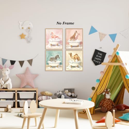 Image of Boat Wades Funny Animal Bathroom Wall Art Prints Set of 4, Flamingo Giraffe Zebra Camel Bathtub Posters Wall Decor for Kids Bathroom Washroom Restroom 8x10 Unframed