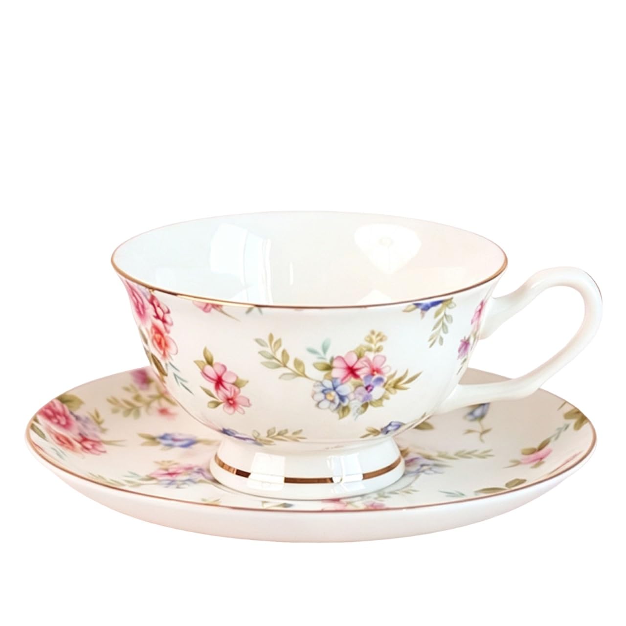 Zestaw filiżanek i spodków z porcelany kostnej | Zestaw filiżanek i spodków z porcelany kostnej w kwiaty do herbaty i kawy