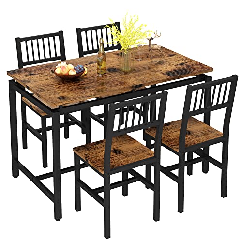 Awqm Dining Table And Chairs Set For 4, Industrial Kitchen Table And Chairs With Metal Frame, 5 Piece Dining Room Table Set For Breakfast, Dining, Kitchen - Rustic Brown #TOP1