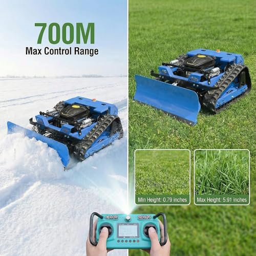Image of Remote Control Lawn Mower with Snow Plow Attachment-700m Range, Hybrid Gas-Electric Power, Track Design, All-Terrain, Adjustable Cutting Height (0.79-5.9 inches)