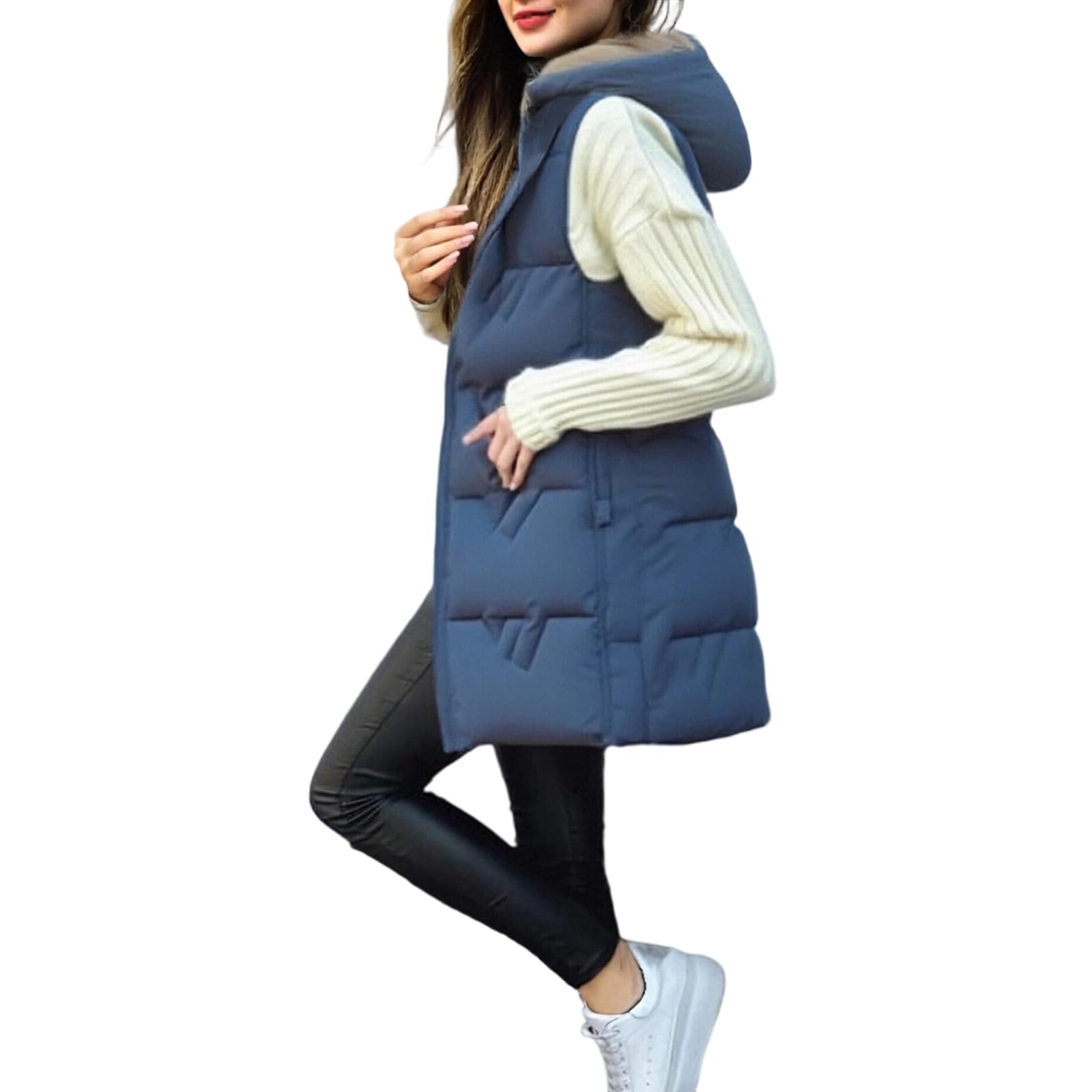 Steppweste Damen Lang Ärmellose Weste Mit Kapuze Wintermantel Casual