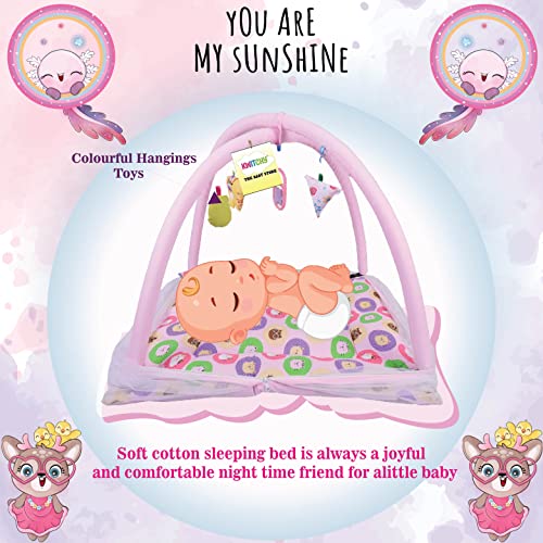 Image of Kwitchy Baby Bedding Set New Born Baby Bed Mattress with Mosquito Net Play Gym Bed with Hanging Toys (0-6 Months, Pink)