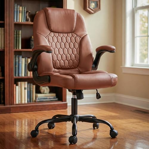 Image of DROGO Aurum Ergonomic Office Chair for Work from Home | Computer Chair for Study | PU Leather Executive Boss Chair with Flip-Up Armrest, Wide Cushion Seat (Brown)