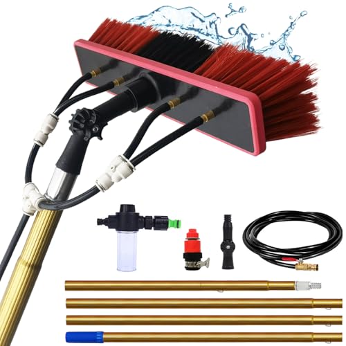 DUANHOZ Cepillo telescópico para techos - Palo de Limpieza de 14,1 Metros con Conector de Agua y dispensador de jabón - Cepillo de Limpieza para Paneles solares, techos, Ventanas