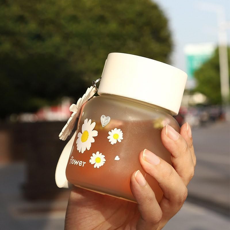 Image of Frosted Glass Water Bottle with Lid 300ml Portable Rope, Small Coffee Mug Cute Juice Jar Flower Tea Drinking Cup for Office, Summer, Home Outdoor, traveling BPA Free, Easy to carry (1)