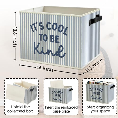 Image of Inspirational Kids Nursery Storage Bins Box with Handles, It's Cool to Be Kind Blue Striped Collapsible Basket Organizer for Kids Boys Room Bedroom Playroom Bathroom Books Clothes