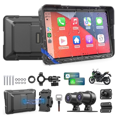 Image of Wonvon 7 inch Motorcycle CarPlay Display Wireless Apple CarPlay & Android Auto GPS Navigation 2K Dual Dash Cam IP69 Waterproof Anti-Glare Screen with Quick Release Mount(Support TPMS, Buy Separately)