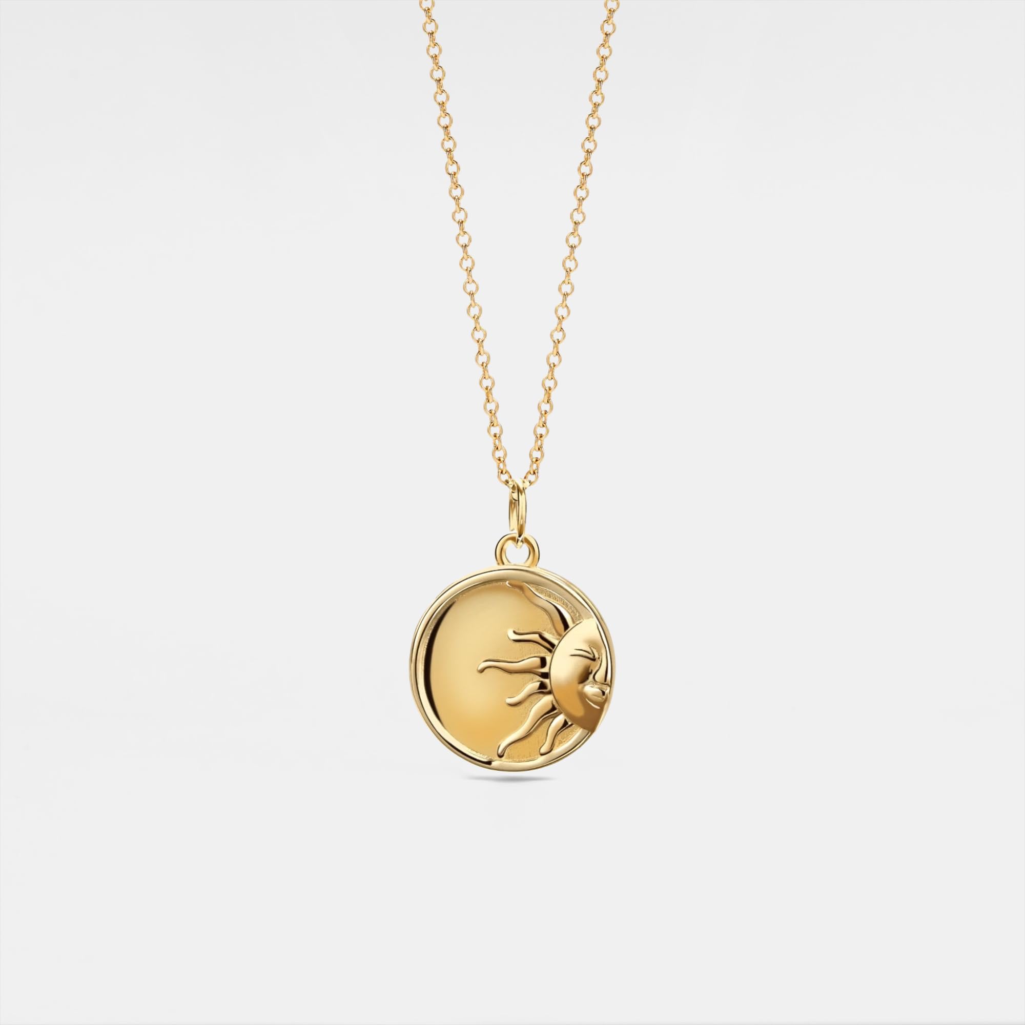 PERIMADE Collana con medaglione portafoto con sole personalizzato che contiene foto, collana con ciondolo a moneta con messaggio di testo inciso personalizzato per donne, gioiello rotondo