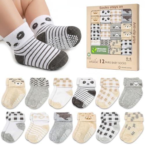 Image of infancie GOTS Certified Organic Cotton Baby Socks 0-6 Months 12 Pairs – Soft And Comfortable Baby Boy Socks 0-6 Months, Premium Sock Baby, Gift For Newborn Boys