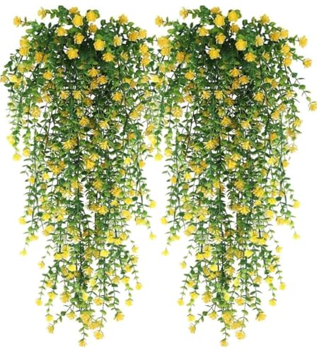 VRB Dec 2 Pcs Artificial Dry Baby's Breath Greenery Hanging Plants Vines Fake Ivy Hanging Flowers Vine Wall Hanging for Home Decor,Wall,Balcony Decoration. (2, Yellow Euclyptus Fern Hanging)