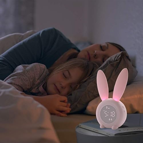 Miniatura 5 de NEBDKRY Reloj despertador de conejo para niñas con luz nocturna, 6 tonos de llamada, lindo reloj despertador con control táctil y reloj de