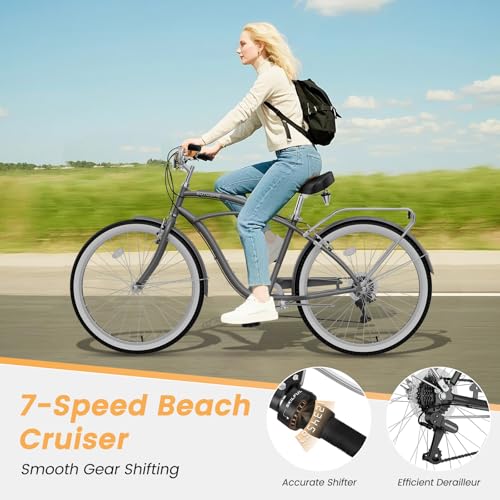 Image of MOONCOOL Beach Cruiser Bike for Women and Men, 24 /26 Inch 7-Speed Adult Bicycle, Comfortable Step-Through Frame with Rear Rack, Classic City Cruiser