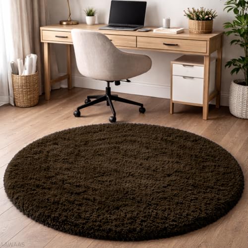 Image of Premium Polyester Shaggy Round Rug - Ultra Soft Fluffy Circle Carpet for Bedroom, Living Room, Kids Room, Anti-Skid Plush Floor Rug - (Coffee, 4 feet|120cm)