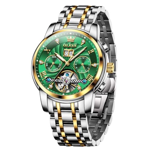 Image of OLEVS Watch Men Green Gold Dial Automatic Tourbillon Skeleton Watches with Day-Date No Battery Classic Two Tone Band Men
