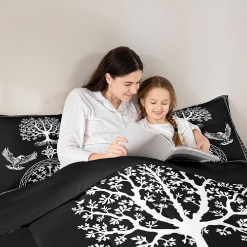 Image of Feelyou Kids Black Viking Sacred Tree Bedding Set Queen Size, Boho Comforter Set Boys Girls Tree of Life Duvet Insert Teens Bedroom Decor Bed Set 3Pcs