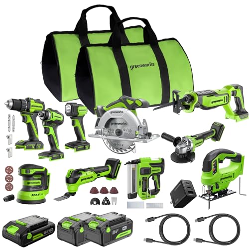 Greenworks 24V Brushless 10PC TOOL, Drill+Impact Driver+Circular Saw+Recip Saw+Jig...