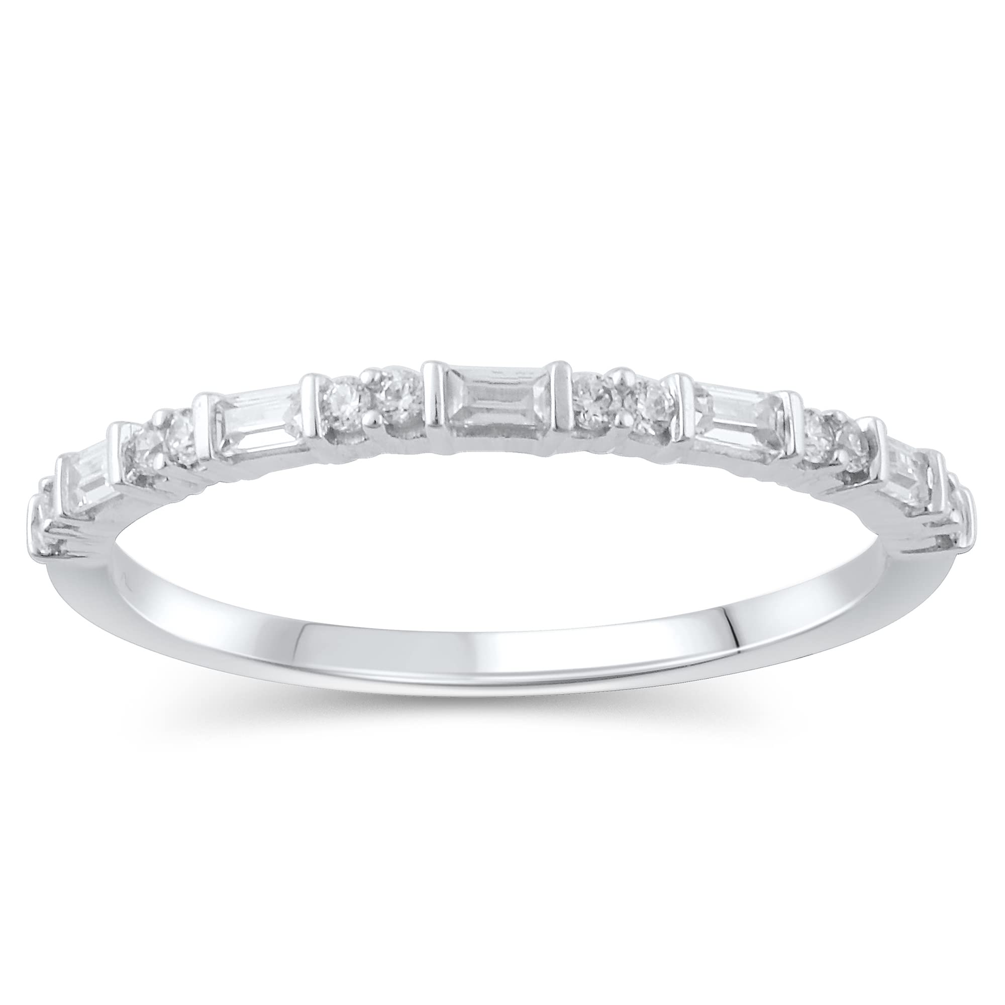 10K White Gold Baguette & Round 1/5 Cttw Diamond Half Eternity Ring for Women (0.20 Cttw, H-I Color, I2 Clarity) Diamond Stackable Ring Wedding Band Ring | Eternity Band Ring