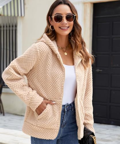 Damen Winterjacke Hoodie Fleecejacke Warm Wintermantel Stilvoller Pullover Strickjacke Reißverschluss Plüschjacke Herbst Kurz Mantel Winter Jacke Oberteile Mode Kapuzenjacke Mit Taschen (Aprikose, XL)