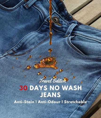 Image of TURMS Men's Anti Stain Jeans 30 Days No Wash Anti Odor Casual Mid Rise Denim Pants | Traveler Comfort Stretchable Breathable Cotton Rich