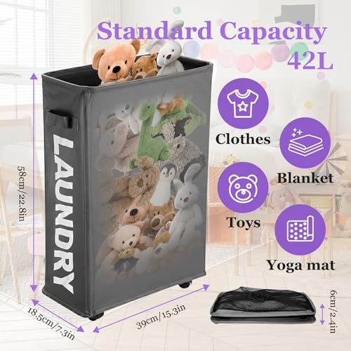 Image of 42L Narrow Rolling Laundry Basket, Slim Laundry Hamper with Wheels and Brake, Collapsible Skinny Laundry Cart for Dorm and Small Spaces, Dark Gray