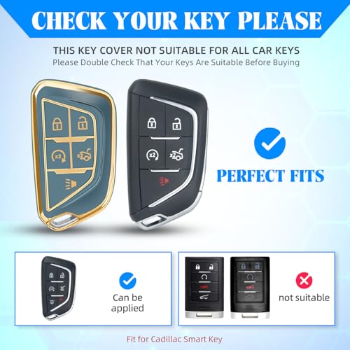 Image of QBUC for Cadillac Key Fob Cover with Leather Keychain (Gold Trim Blue) | Soft TPU Protection Case Compatible with 2020-2026 Cadillac Escalade Lyriq Optiq 5-Buttons