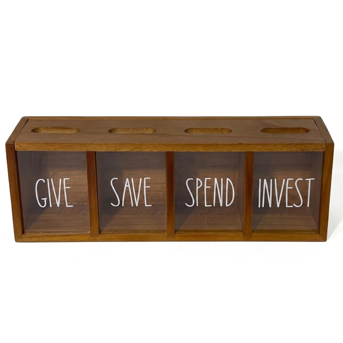 Bemonew Save Spend Give Bank For Kids, 4-slot Wall-mounted Savings Box With Magnetic Lids, Visual Money Saving Box For Bedroom, Living Room, Laundry Room - Brown