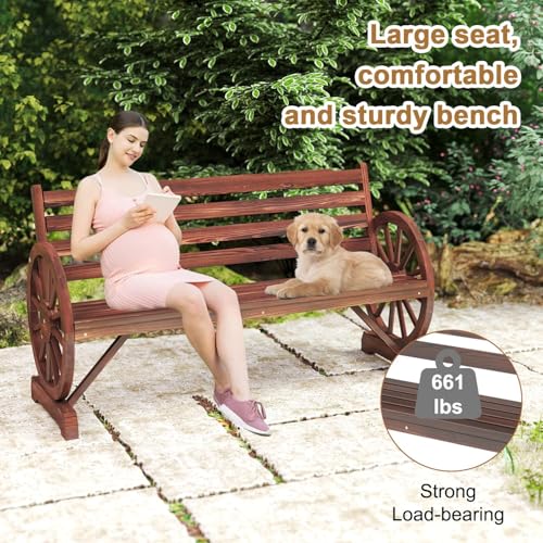 Image of kinbor 55 inch Wooden Rustic Wagon Wheel Bench, Outdoor Bench Seat, Backrest