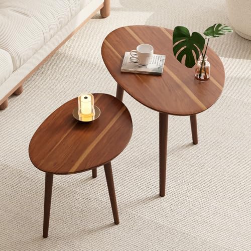 Small Oval Coffee Tables Set,Acacia Wood Tabletop Nesting Tables（...