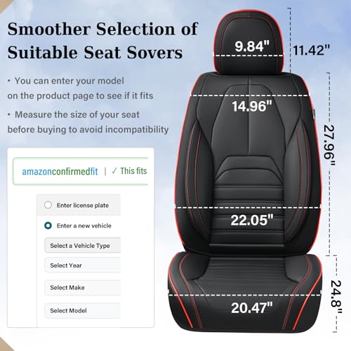 Image of Coverado Car Seat Covers Front Seats, Automotive Seat Covers, Waterproof Nappa Leather Car Seat Cover, Car Seat Cushion, Black Redline Seat Covers Carseat Cover Universal Fit for Most Cars