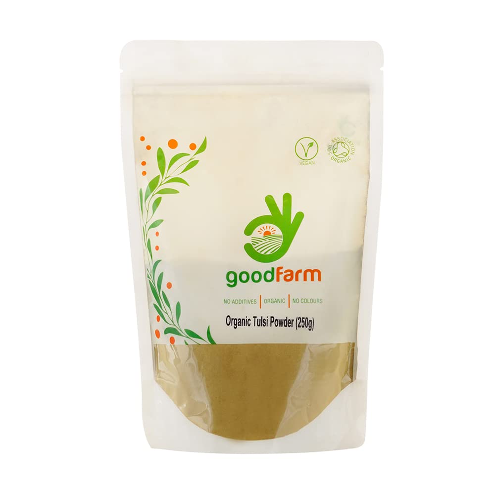 goodFarm Organic Tulsi Powder 250g (Ocimum tenuiflorum, Holy Basil) - Certified Organic, Ayurveda, Vegan, Natural immunity, Adaptogen, Used for teas & cookingEU OrganicSoil AssociationSoil AssociationSoil Association