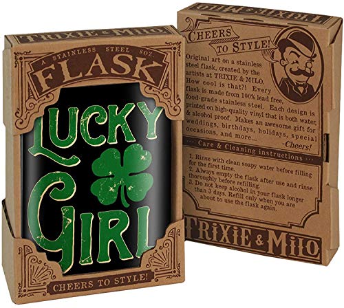 Lucky Girl 8 Oz Stainless Steel Hip Flask For Liquor - Comes In A Gift Box - Leakproof Design - Easy To Clean - 3.75” X 5.75” - By Trixie & Milo #TOP2